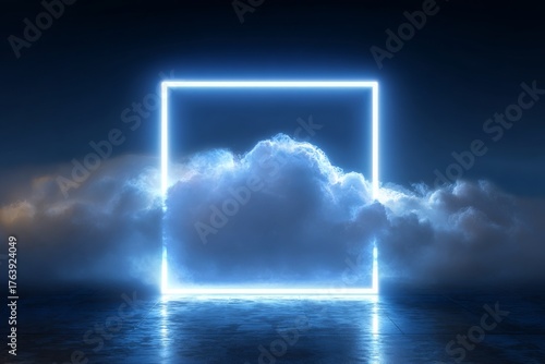 Illuminated Cloud Within a Glowing Frame in a Dark, Serene Setting at Night