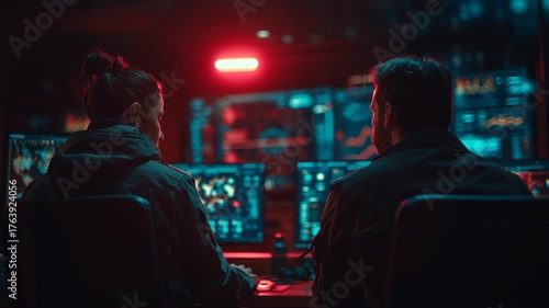 Cybersecurity security cyber defense command center monitoring analysts computer network alert dark mood vigilant analysts monitor cyber defense