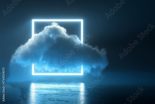 Bright Light Square Shines Over Dark Water and Clouds During Night Scene