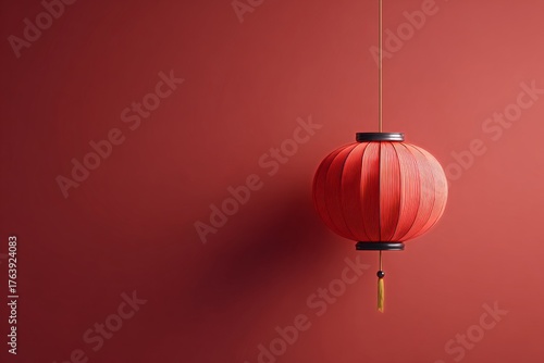 Vibrant Red Lantern Hangs Against a Solid Red Wall Creating a Warm Atmosphere...