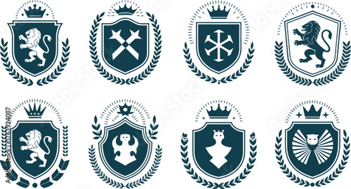 Heraldic crests logo collection vector design template heraldry symbols and signs set