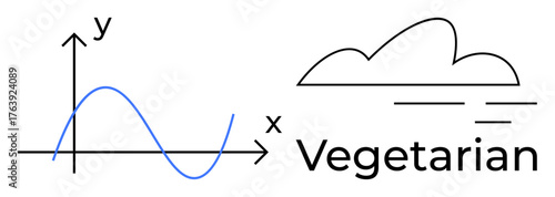 Line graph with curved blue line on x-y axis alongside linear cloud design and bold Vegetarian text. Ideal for data, science, nature, food choices, environment, health, minimal design metaphor