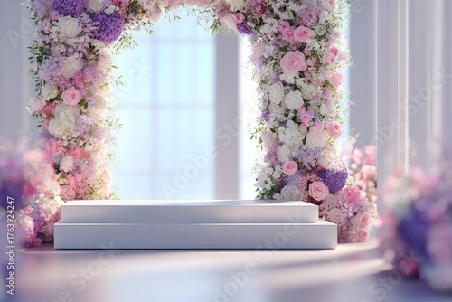 Beautiful Floral Arch Ready for a Celebration in a Bright Hall With Elegant D...