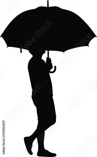 Silhouette of person walking with umbrella in stride posture, flat vector, isolated, cad drawing