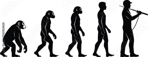 Silhouette sequence of human evolution, primate to armed modern man, walking poses, flat vector, isolated, cad drawing