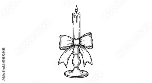 Hand drawn candle with elegant bow on holder in black and white