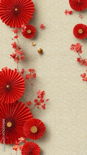 Decorative Red Fans and Gold Coins Arranged With Flowers for Festive Celebrat...