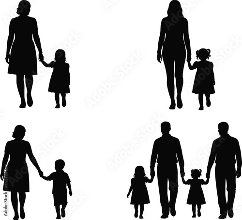 Silhouettes of adults holding hands with children, family and caregiving poses, flat vector, isolated, cad drawing