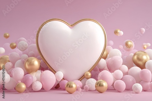 Colorful Heart Surrounded by Pink and Gold Spheres for a Festive Celebration