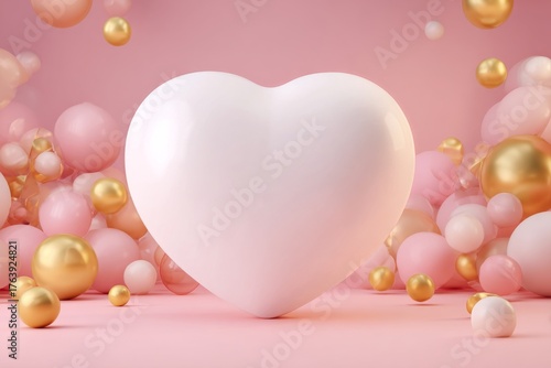 Colorful Heart Surrounded by Pink and Gold Spheres for a Festive Celebration
