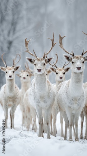 Group of White Deer Standing Together in Snowy Forest During Winter Season