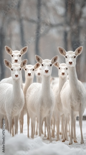 Group of White Deer Standing Together in Snowy Forest During Winter Season