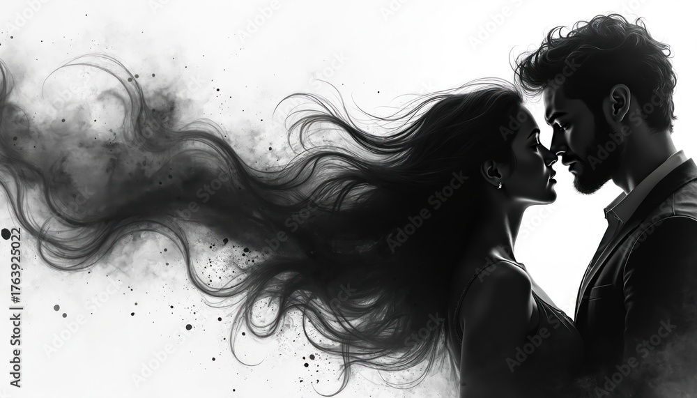 Fototapeta premium Close up illustration of man, woman in intimate embrace. Long flowing hair merges into abstract smoke patterns with ink splatters. Black, white artwork romance, deep emotional connection, passionate
