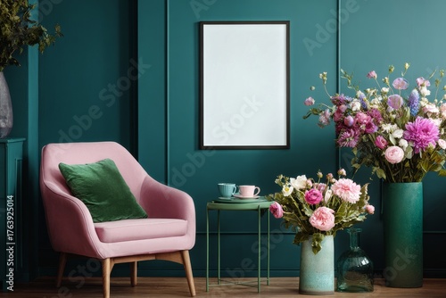 Cozy Interior Design Featuring a Pink Chair and Fresh Flowers in Green-Themed...