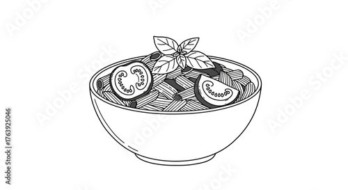Black and white line art of pasta bowl with tomato and basil