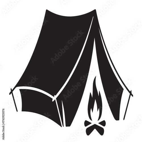 Illustration of a camping tent with a campfire isolated on white background, perfect for outdoor adventure, travel, and recreational themes, showcasing simplicity and a minimalist design