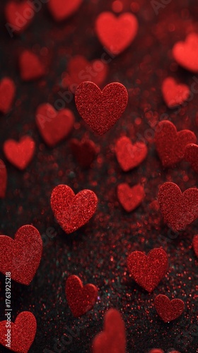 Red Hearts Float Against a Dark Background, Creating a Romantic Atmosphere fo...