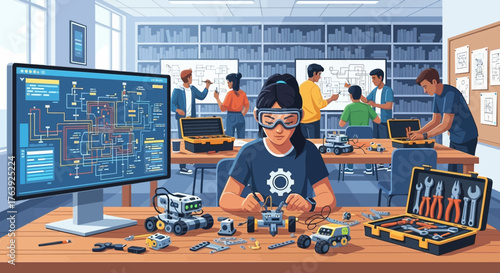 A Diverse Group Collaborating on Robotics and Circuitry in an Educational Space