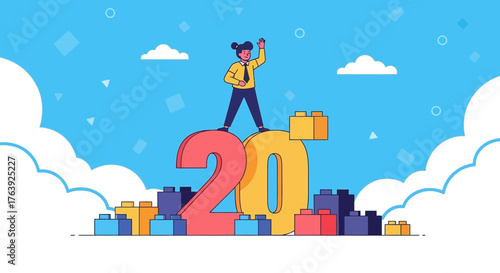 Celebrating milestone: Woman standing on giant '20' with building blocks scene