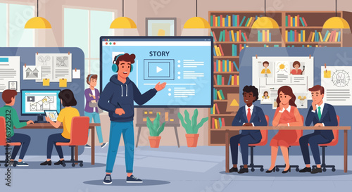 Modern creative team presenting a video storyboard in open office environment