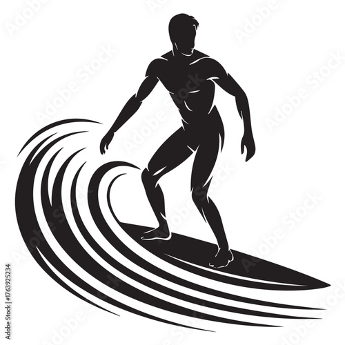 Dynamic silhouette of a surfer riding a powerful wave, showcasing skill and athleticism against a backdrop of stylized water, isolated on white background, capturing the essence of surfing