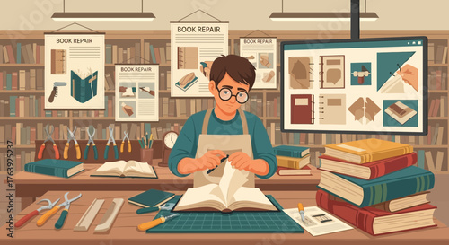 Bookbinder carefully restores an antique book in a traditional workshop setting