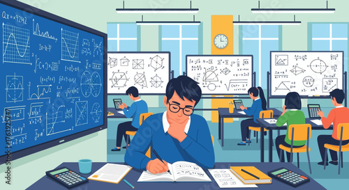 Illustrative depiction of students immersed in mathematical studies within a classroom setting