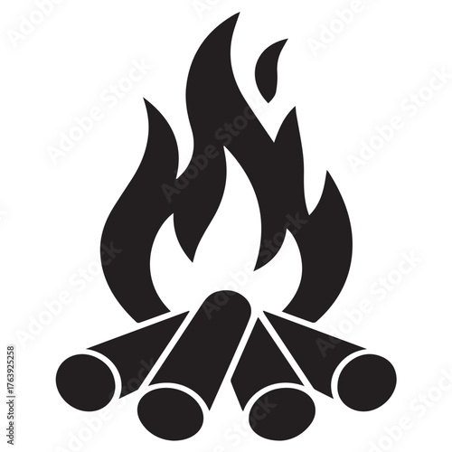 Silhouette of a crackling campfire with flickering flames and neatly stacked logs, isolated on white background, evoking warmth, comfort, and the spirit of outdoor adventures
