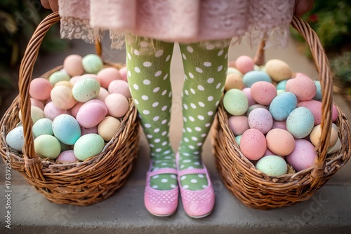 Young Child Stands in a Basket Surrounded by Colorful Easter Eggs During Spri...