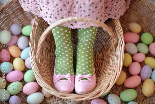 Little Girl in Pink Shoes Sits in Basket Surrounded by Colorful Easter Eggs