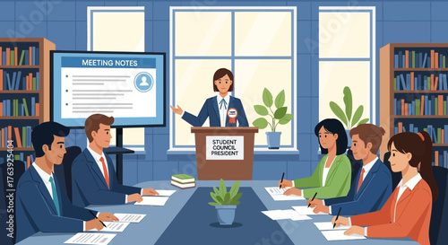 Student council meeting in session, discussing future planning and strategy