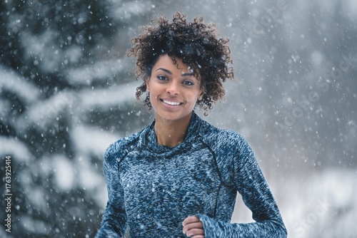 Smiling Woman Jogging in Snowy Forest During Winter Morning