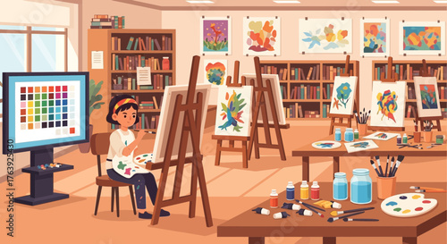 Art Studio Classroom with Painter, Easels, Canvases, Color Palettes and Bookshelves