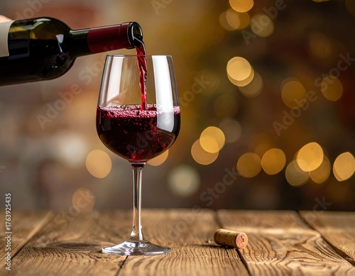 una copa de vino un poco inclinada con un cuello de botella de vino tinto vertiendo vino