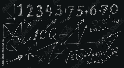 Chalkboard math equations and formulas with handwritten style on black background