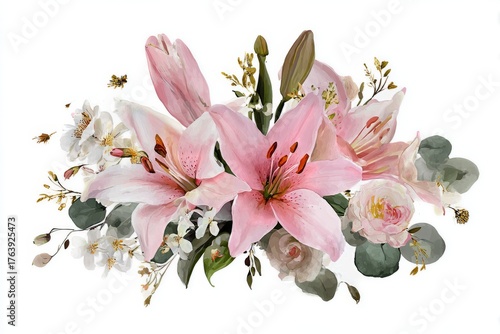 Beautiful Bouquet of Pink Lilies and White Flowers Arranged for a Spring Cele...