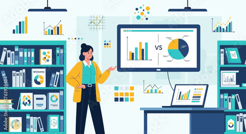 Animated woman presenting financial data with charts in modern office space