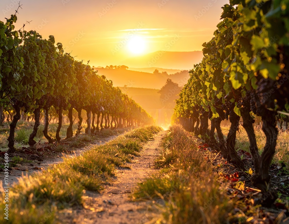 Naklejka premium un sendero en viñedo con uvas maduras al amanecer