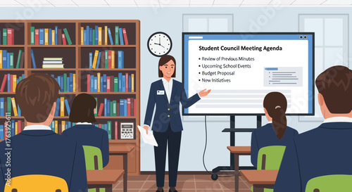 Student Council Meeting in a Classroom with Presentation and Discussion