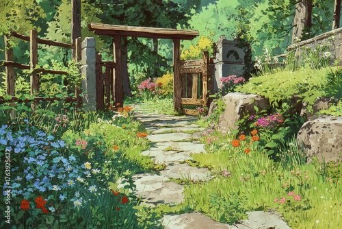 Colorful Garden Pathway Leads to a Wooden Gate on a Sunny Day in a Serene Vil...