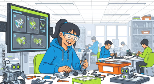 Students actively engaging in a hands-on robotics project within a collaborative classroom