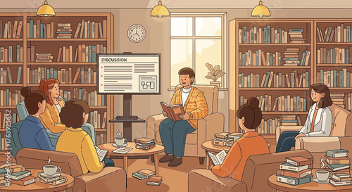 Engaging literary discussion in a cozy library setting for sharing stories