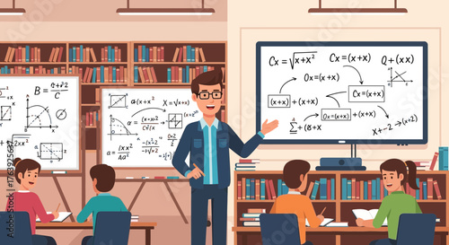 Engaging mathematics classroom scene featuring students and instructor learning math concepts