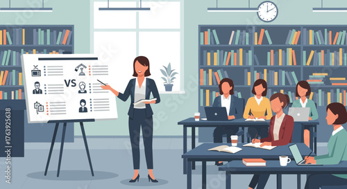 Business presentation by confident woman in front of a group discussion