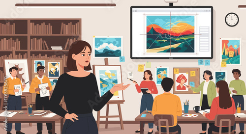 Engaging visual arts instruction scene with diverse students and modern technology
