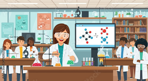 Engaging science class illustration: Young scientists experiment in a laboratory setting