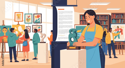 Vibrant art gallery exhibition showcasing diverse creations and an engaging crowd