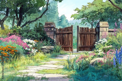 Garden Gate Opens to a Vibrant Pathway Filled With Flowers and Greenery in a ...