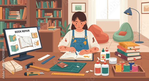 Intricate book restoration scene in a cozy workshop with a dedicated artisan