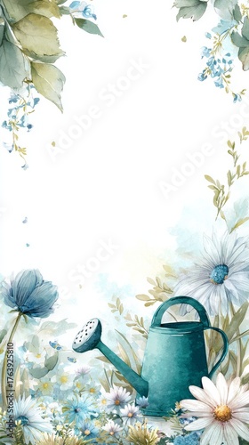 Beautiful Garden Scene With Watering Can Surrounded by Colorful Flowers at Sp...